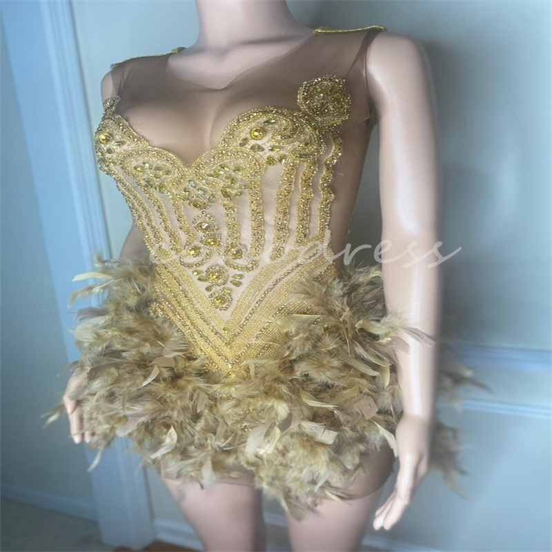 Sexy Black Baddie Prom Dresses With Feather Beaded Crystal Short Evening Dress Black Girls Cocktail Birthday Party Diamond Homecoming Dress Vestio De 