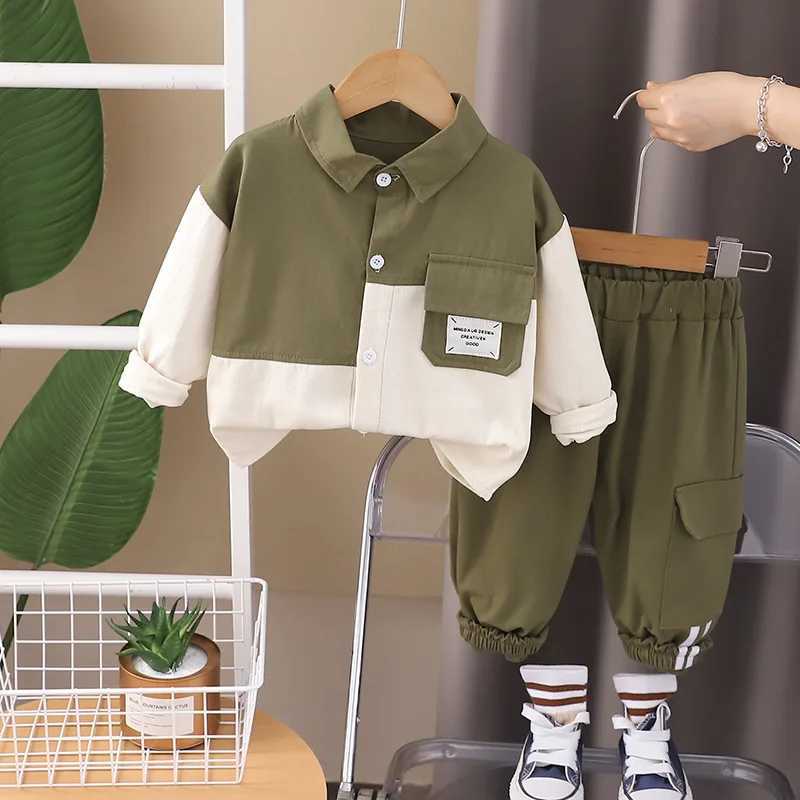 Clothing Sets Spring Autumn Children Clothing Set Baby Boys Patchwork Lapel Shirt + Cargo Pants 2Pcs for 1-5 Years Kids Casual Tracksuit H241126