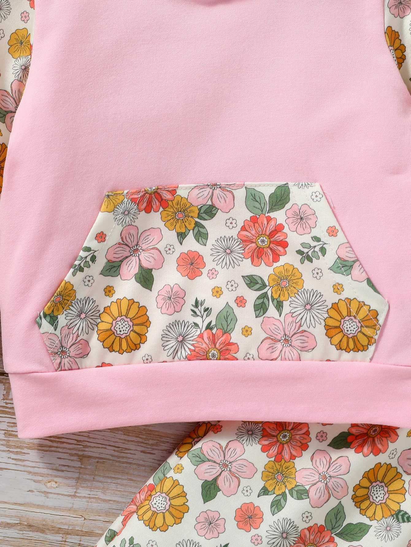 Clothing Sets 3Pcs baby Pink girl autumn casual and cute flower printing long-sleeve Hooded Sweatshirt + trousers Clothes +Headband H241126