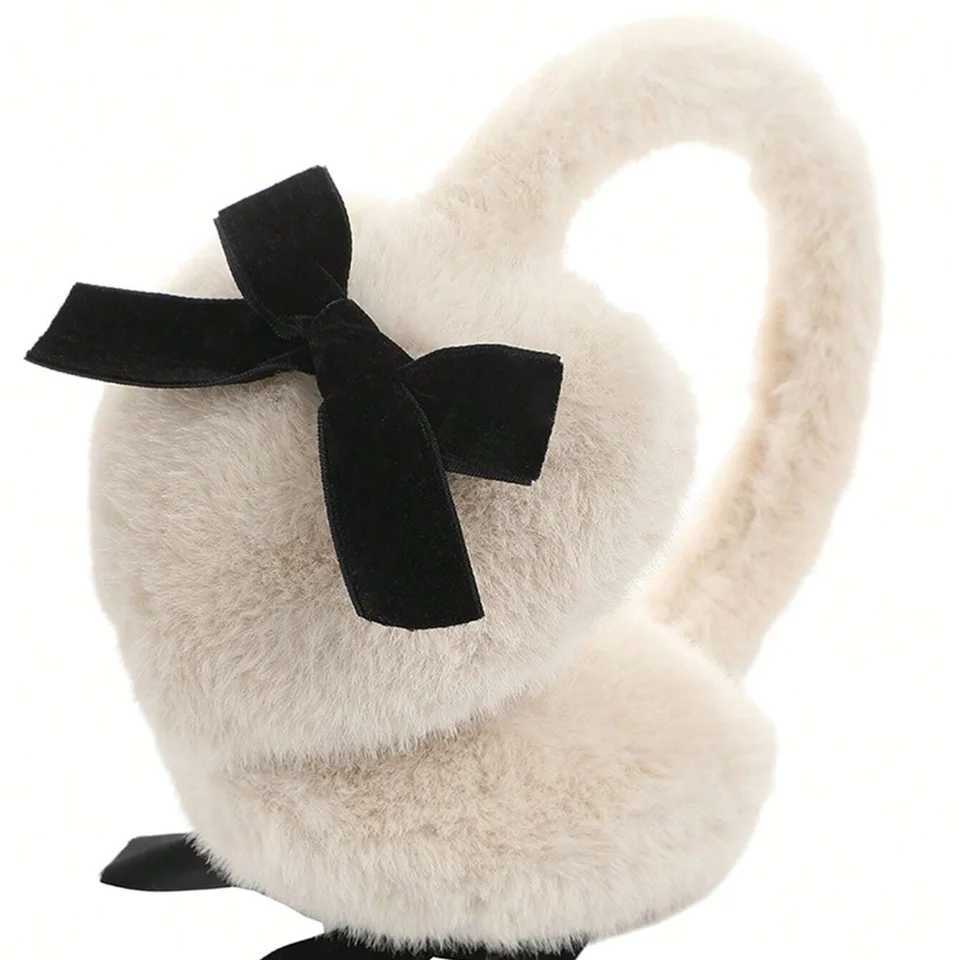 Women Solid Color With Black Bow Fluffy Cute Heart shed Ear Warmer Earmuffs ldeal For WinterXJ241126