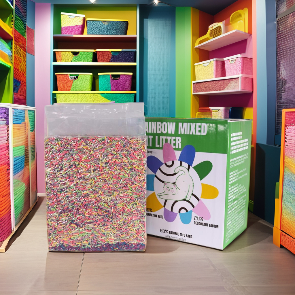 Customized Rainbow mixed cat litter supported a variety of customized packages tofu&bentonite cat litter