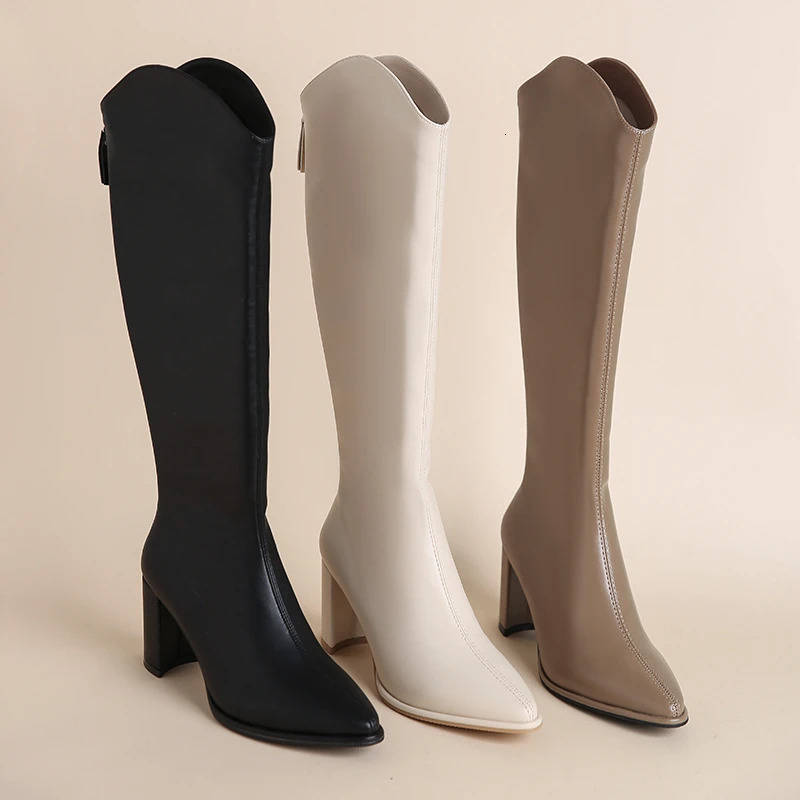 Plus Size 34-43 Women Boots Zipper Thick High Heels Simple Thick High Heels Autumn Winter Boots Knee High Botas 241114
