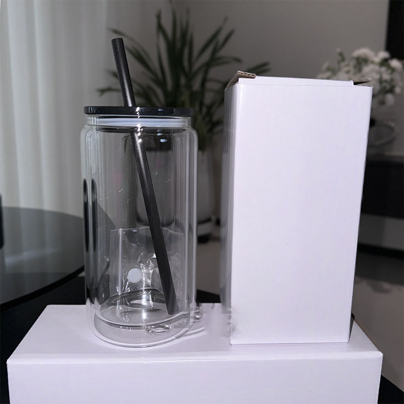 16oz 20oz Double Wall Sublimation Glass Can Snow Globe glass Tumbler Beer Glass Clear Drinking Glasses With Bamboo Colored Lid