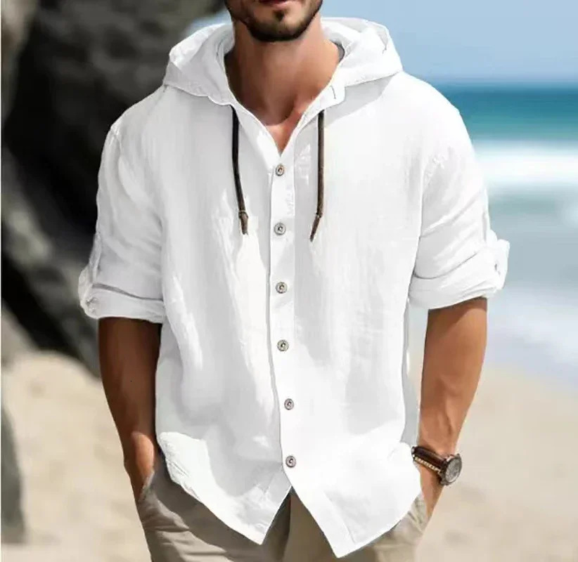Summer mens linen shirt solid street clothing long sleeved hooded cardigan mens casual loose button mens shirt 241126