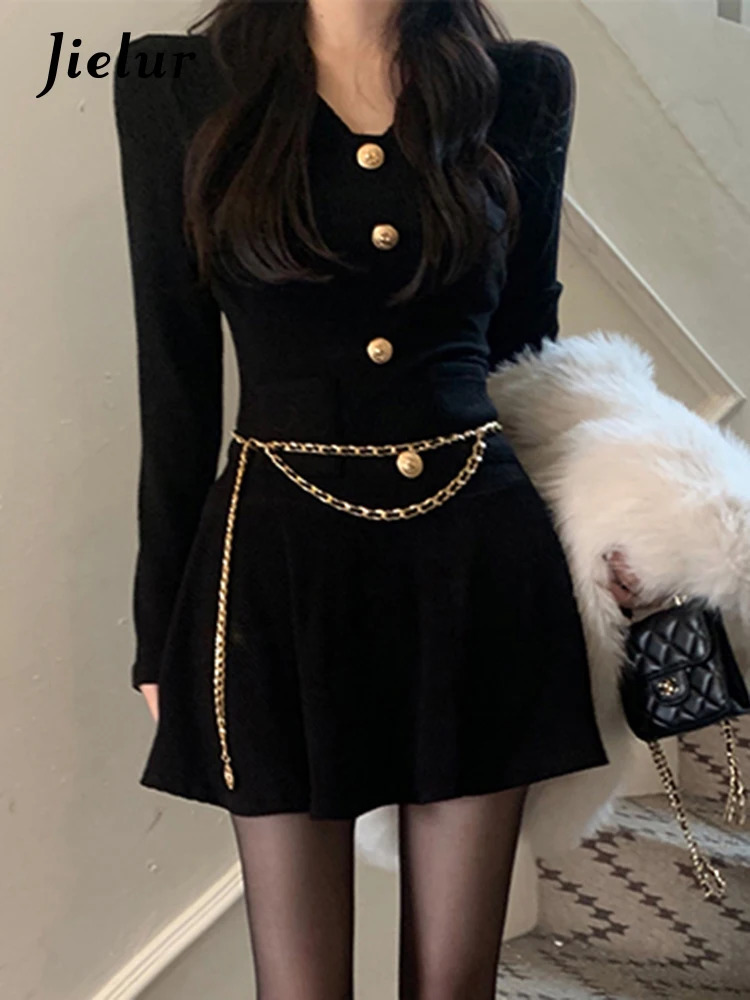 Jielur Sexy Black Knitting Female Mini Dress Chic Chain Buttons Slim Vneck Fashion Womens Dresses Solid Color Winter 241112