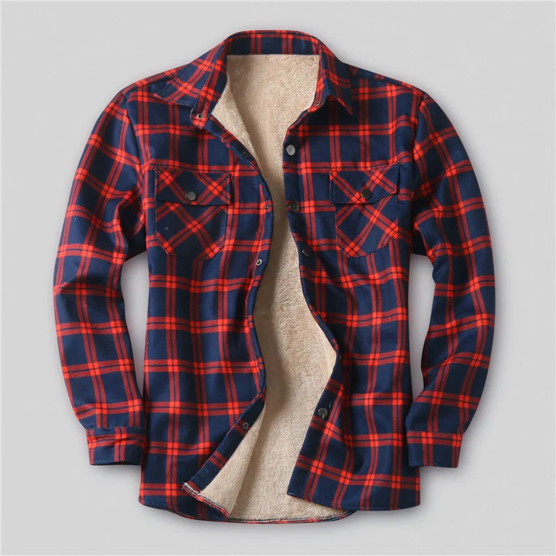 Winter mens plain flannel shirt thick wool jacket bedding lining long sleeves red checkered shirt mens Camisas De Hombre 241126
