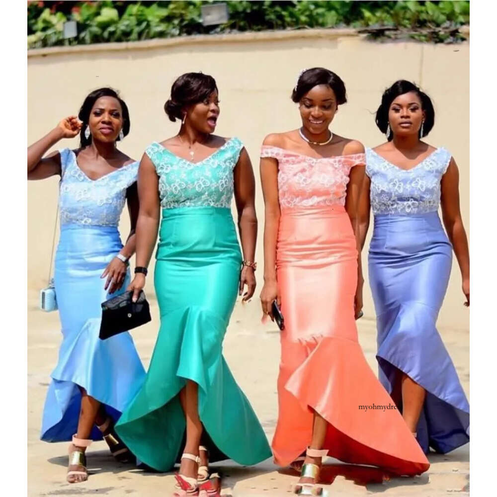 African Nigerian Cheap Mermaid Bridesmaid Hi-lo Maid of Honor Satin Sleeveless Wedding Party Prom Dresses 2024