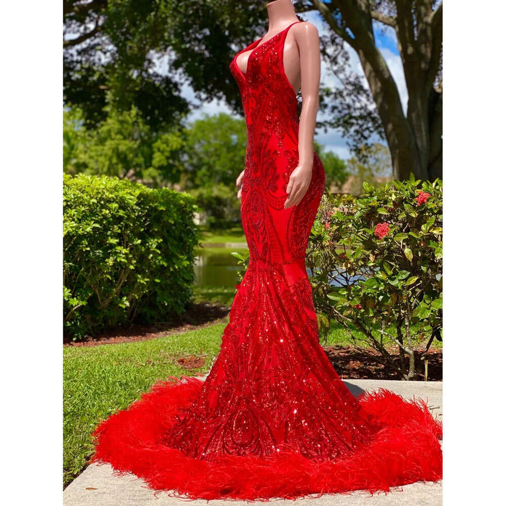 Mermaid Arabian Sexy Black Girl Prom Dresses Red Sequined Elegant Backless Feather Evening Gowns Long Women Formal Dress Robe De Soiree Bc
