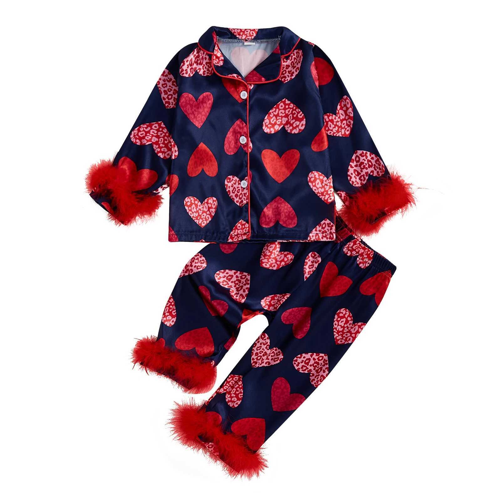 Clothing Sets Kids Baby Girls 2PCS Pajama Sets Valentines Day Sleepwear Feathers Trim Long Sleeve Shirt Pants Heart Print Loungewear Outfits H241126