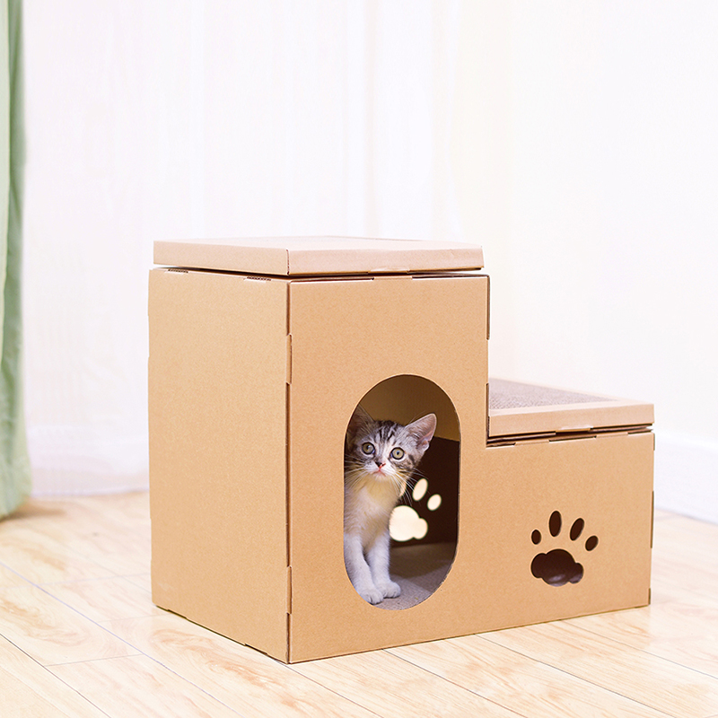 Deku Cat Scratcher Mat 2 Layers Foldable Cat House Cardboard Scratch Lounge with Scratching Pads