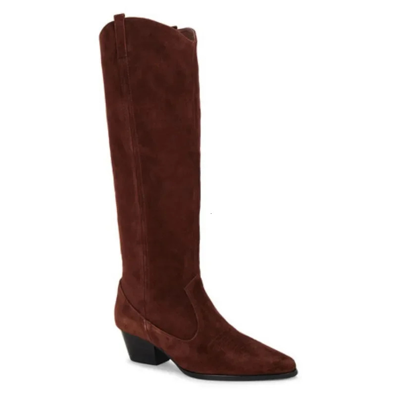 European and American style womens suede Western style cowboy boots corner splicing sleeves thick high heels knee high boots 241126