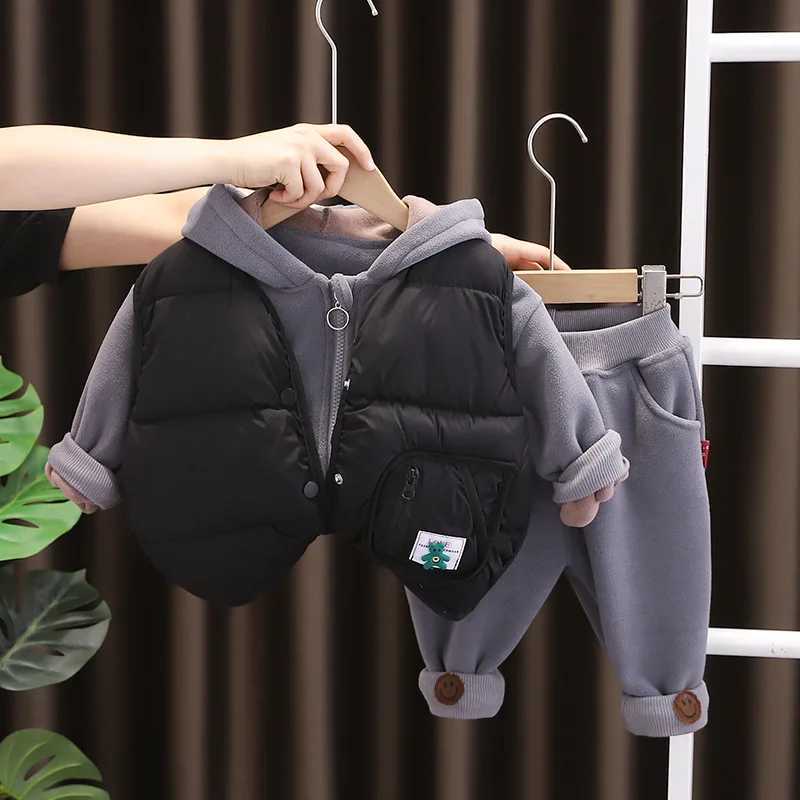 Clothing Sets Autumn Winter New Children Velvet Vest Hoodies Pants 3PCS Sets Boys Girls Thickened Suits Kids Thickening Warm Cotton Clothes H241126