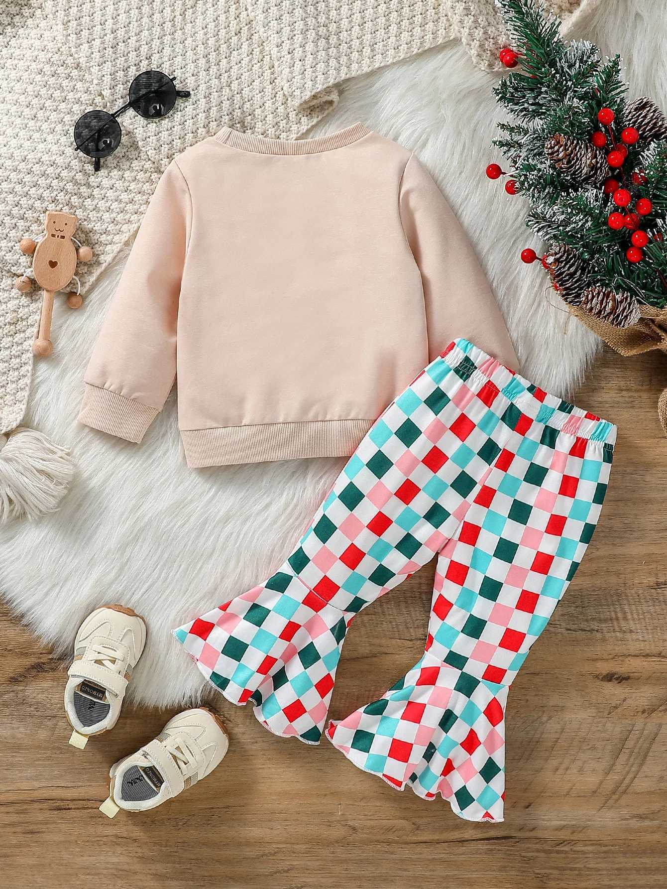 Clothing Sets 2Pcs Baby Girls Autumn Long Sleeve Print Letter Sweatshirt +Plaid Flared Pants For 6M-3Y Casual Outfits Clothing H241126