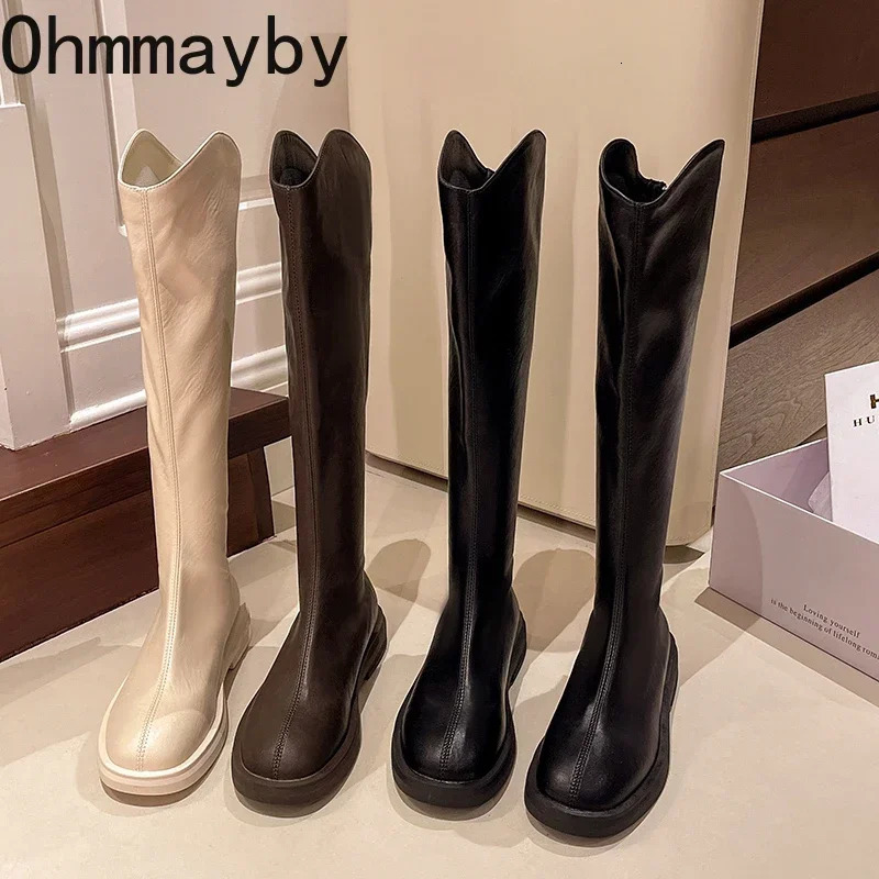 Winter Soft Leather Women Knee High Boots Fashion Back Zippers Modern Long Booties er Flats Botas De Mujer 241114
