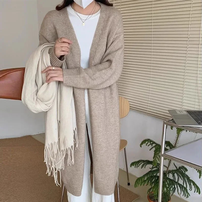 minimalist and versatile autumn long knitted cardigan for women with a lazy style over the knee Vneck thick sweater jacket 241112