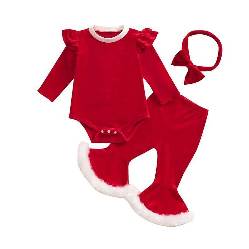 Clothing Sets Infant Girls Winter Holiday Ensemble Velvet Jumpsuit with Bell Bottoms and Matching Headband Set Baby Apparel H241126