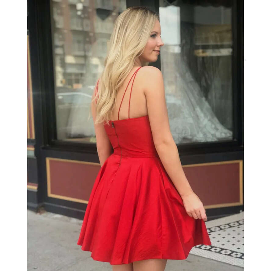 Red Spaghetti Straps Satin A-E Homecoming 2020 Cheap Ruched Pocket Knee Length Short Party Prom Graduation Dresses Bm1547