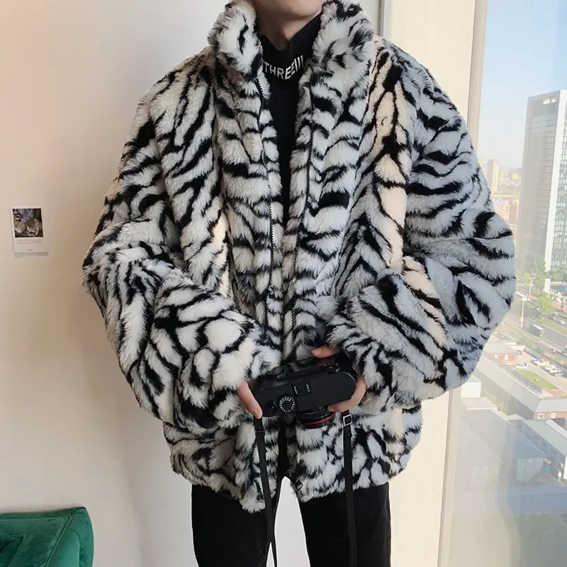 Cotton clothing mens fashion imitates fur snake pattern quilted jacket cashmere coat street style retro loose couple style 241126