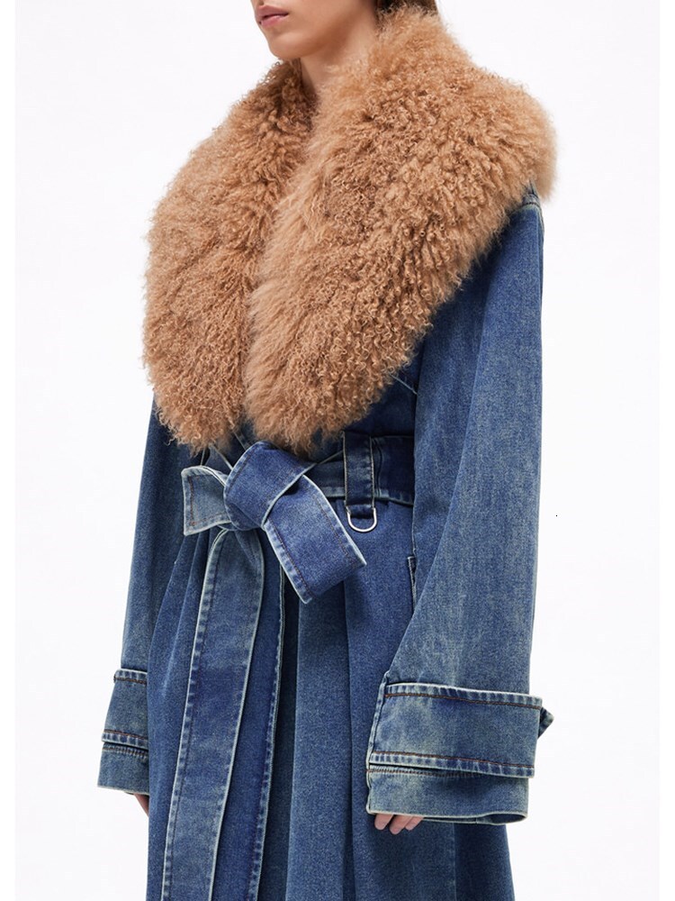 Colorblock Patchwork Lace Up Denim Coat For Women Fur Collar Long Sleeve Loose Casual Trench Female Fashion Style