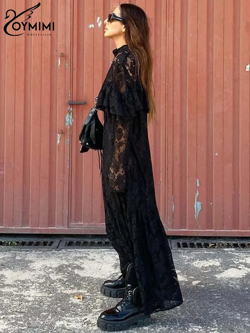 Oymimi Fashion Black Lace Womens Dresses Elegant ONeck Long Sleeve Ruffled Casual Loose AnkleLength Dress Streetwear 241112