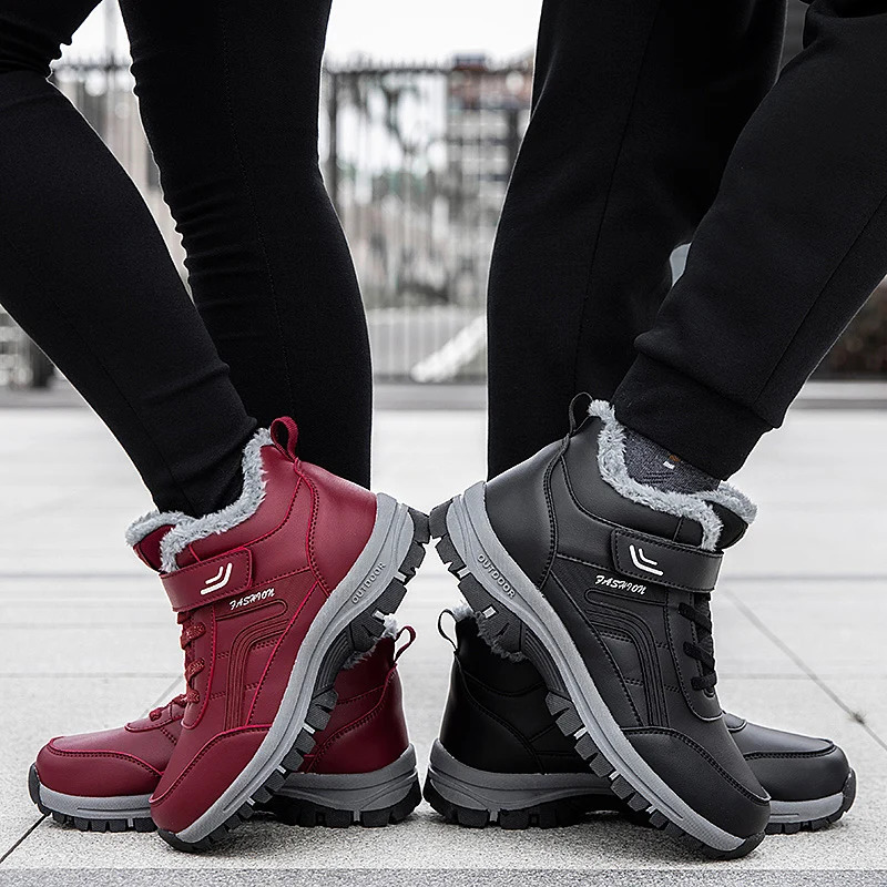 Winter womens plush Pu leather waterproof sports shoes climbing and hunting shoes unisex lace up outdoor warm hiking boots 241126
