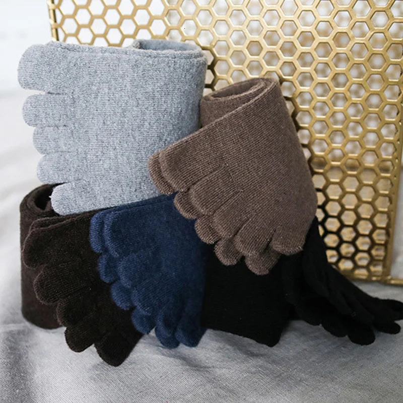 5 pairs/batch of winter mens five finger socks short Harajuku wool solid commercial antibacterial breathable warm socks with toe 241126