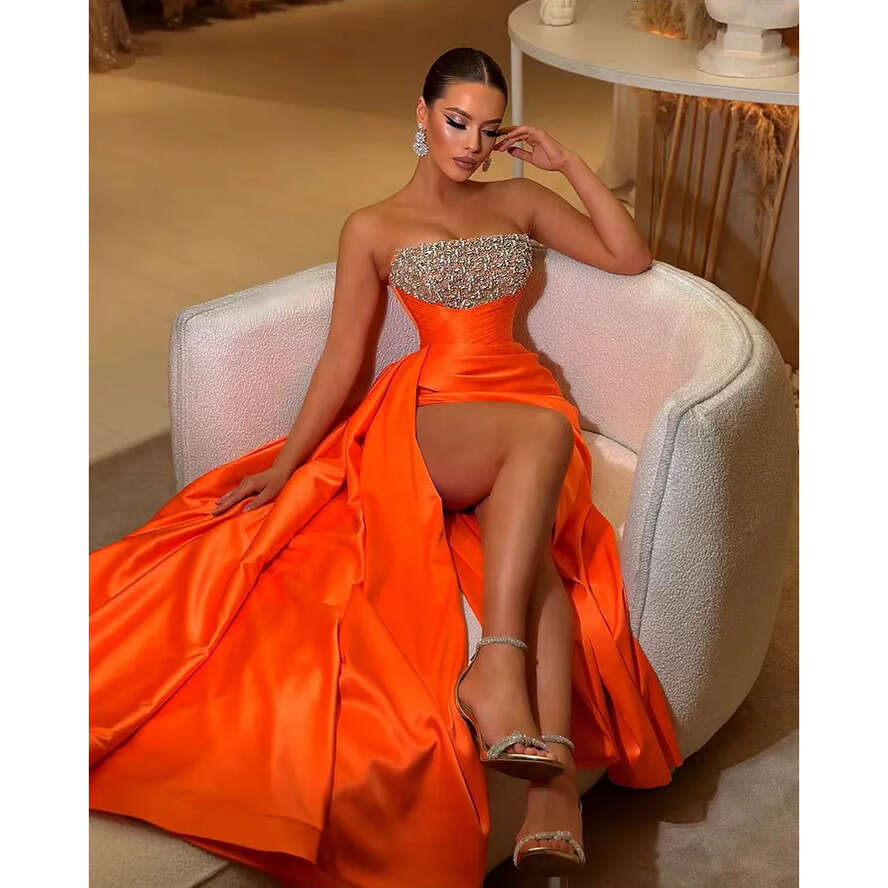 Evening Orange Beaded Strapless Stain Pleat Side Split Sleeveless Prom Dress Vestidos De Gala 0227Lz