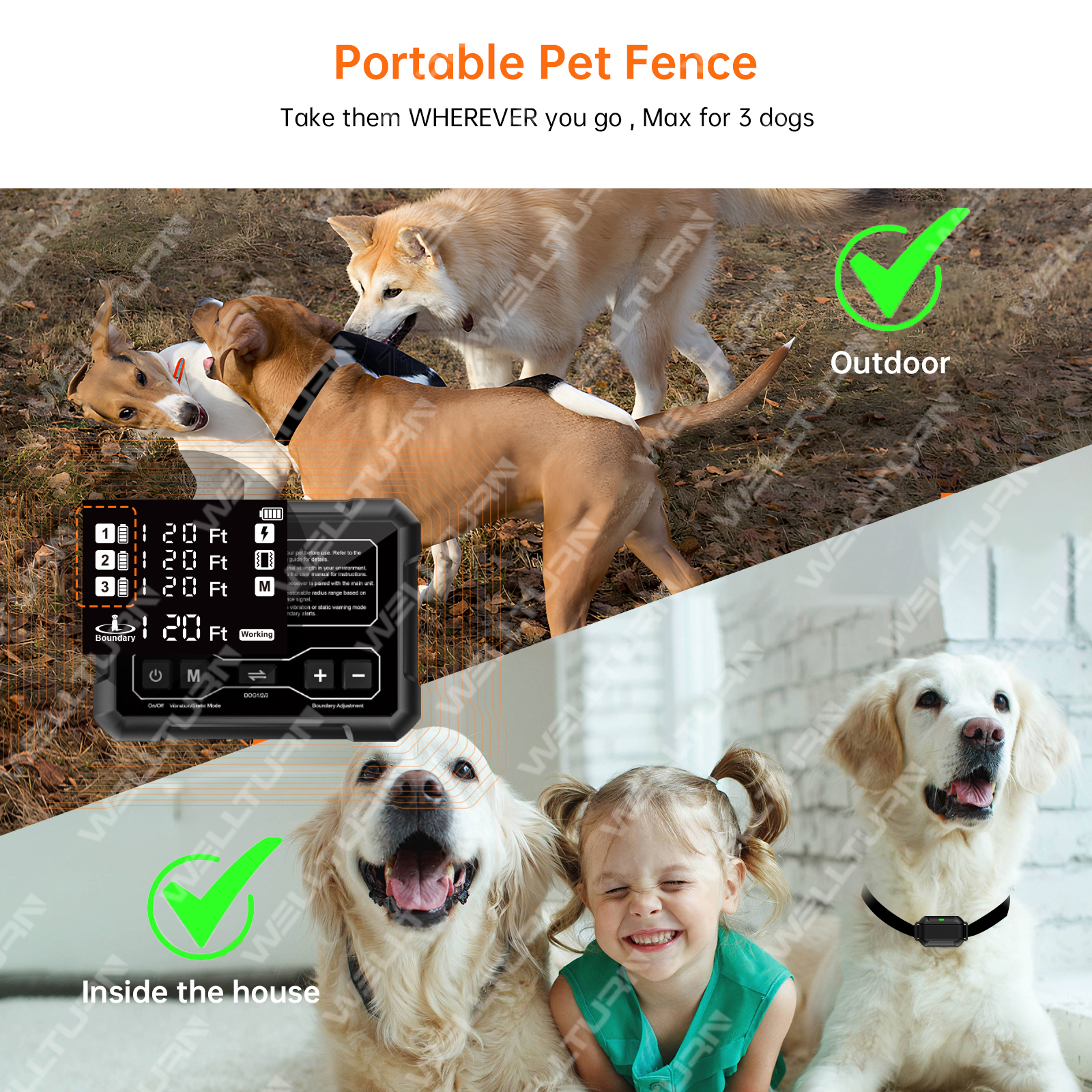 Patented New Product Range 10-120ft Wireless Dog Fence System for 3 Dogs Radar Wireless Fence Training Collar Wireless Dog Fence