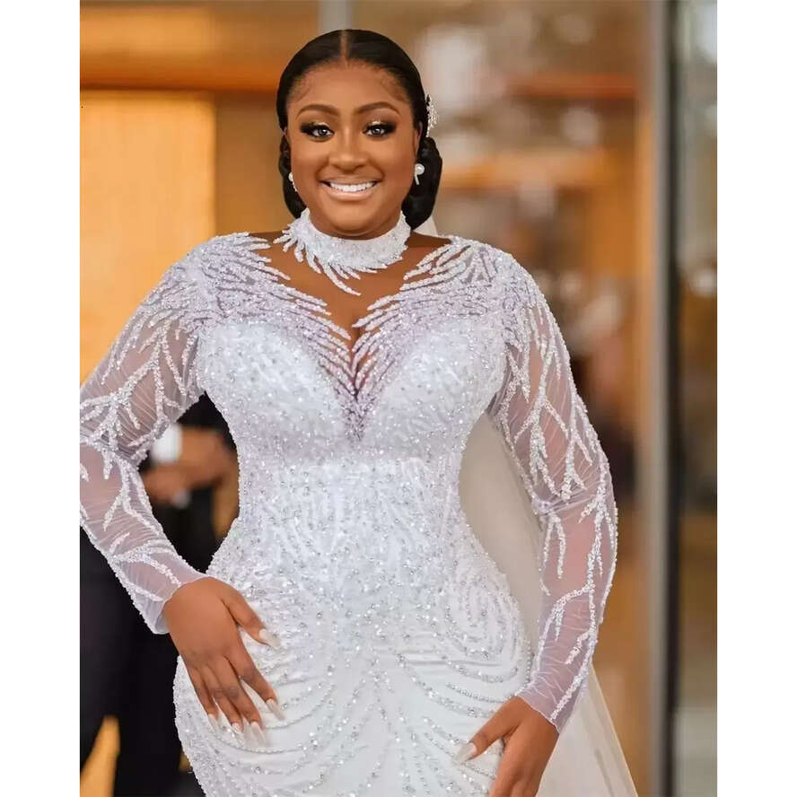 New Plus Size Arabic Aso Ebi Sheer Neck Mermaid Wedding Dress Long Sleeves Sexy Bridal Gowns Dresses 2023 Bc14230