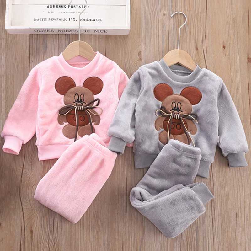 Clothing Sets New Cartoon Mouse Pajama Sets For Baby Boys Girls Winter Plus Velvet Thick Flannel Homewear Children Warm Sleepwear Suit 2Pcs H241126