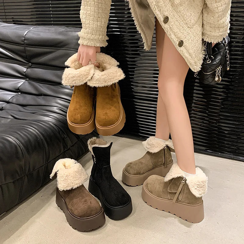 Snow Boot Womens Suede Cotton Boots Warm Women Flats Platform Shoes Winter Boots Ankle Short Plush Walking Chaussure Femme 241126