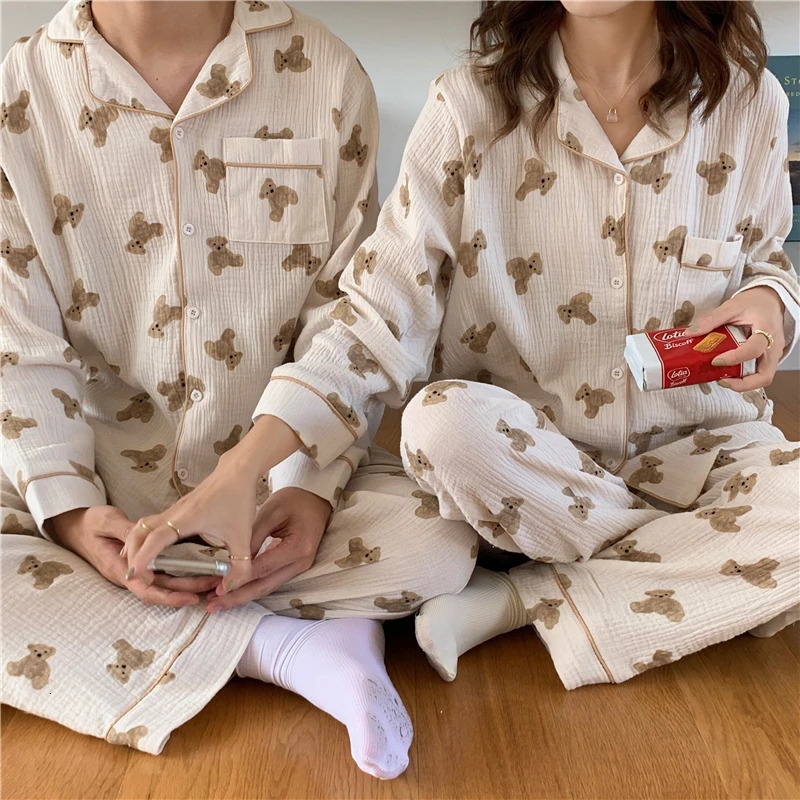 Couple Kavay Cotton Autumn Pajama Set Womens Casual Cotton Two Piece Set Family Set Pajama Pocket Retro 241126