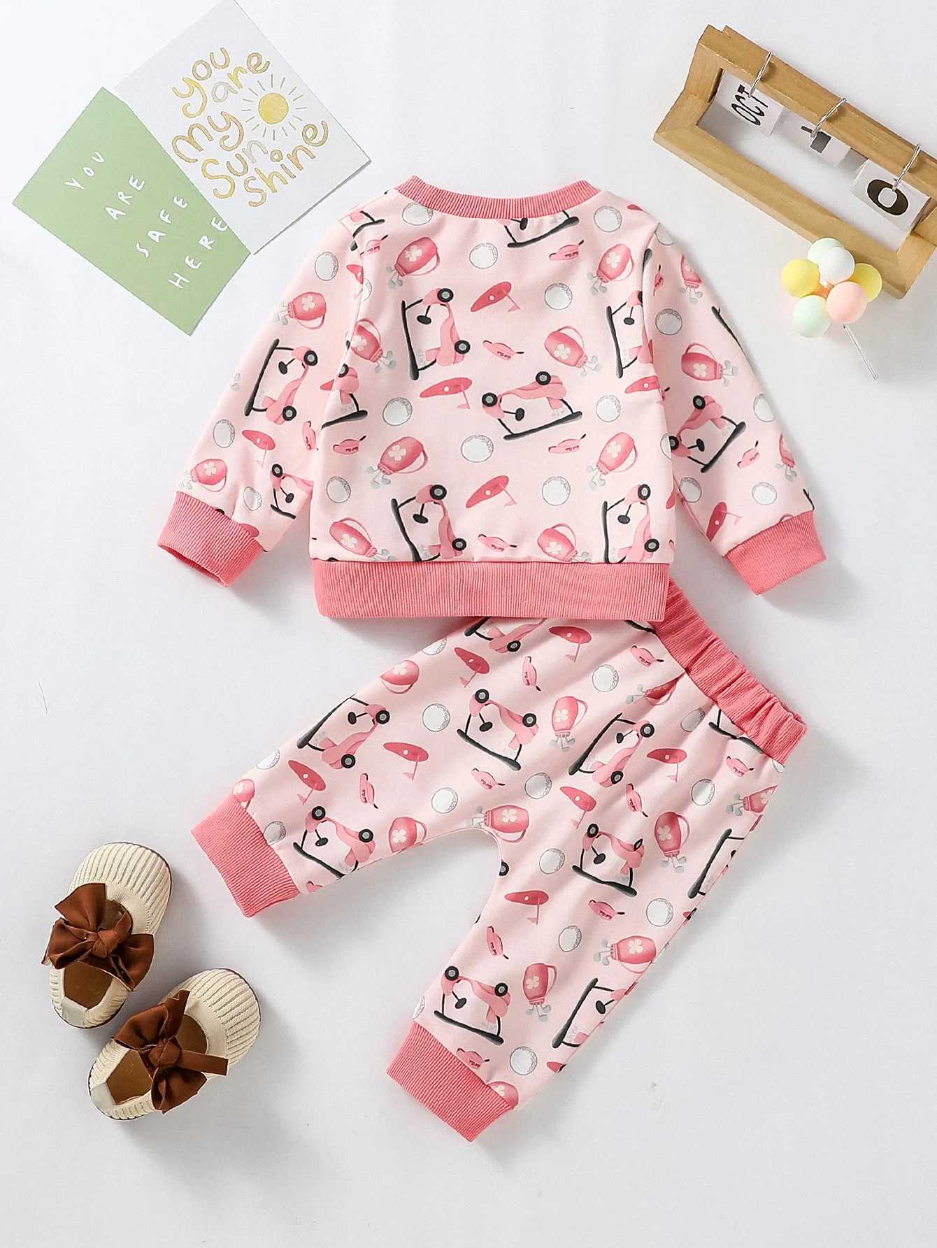Clothing Sets 2024 New Baby girls lovely pink printed Golf Cart autumn two-piece set Children Clothing H241126