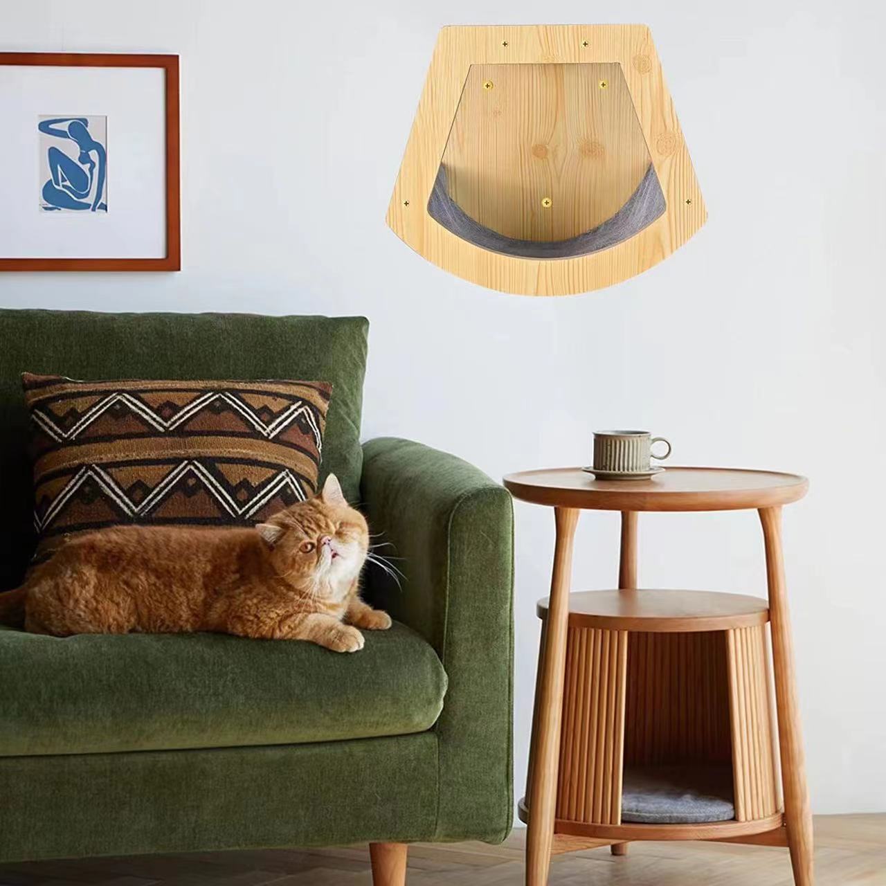 Wooden cat house A wall-mounted cat bed in a wooden habitat