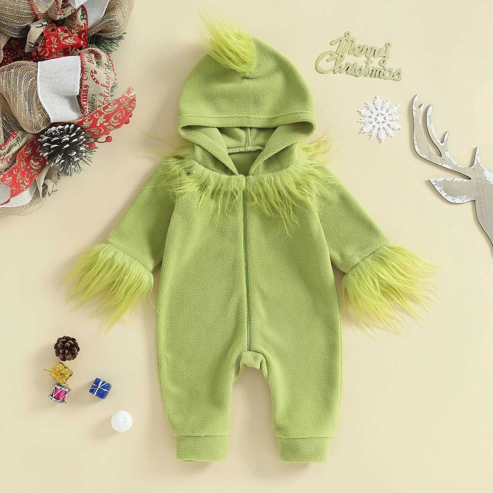 Clothing Sets Baby Boys Girls Christmas Jumpsuits Fur Trim Long Sleeve Rompers Toddler Kids Green Monster Baby Cosplay Costume H241126
