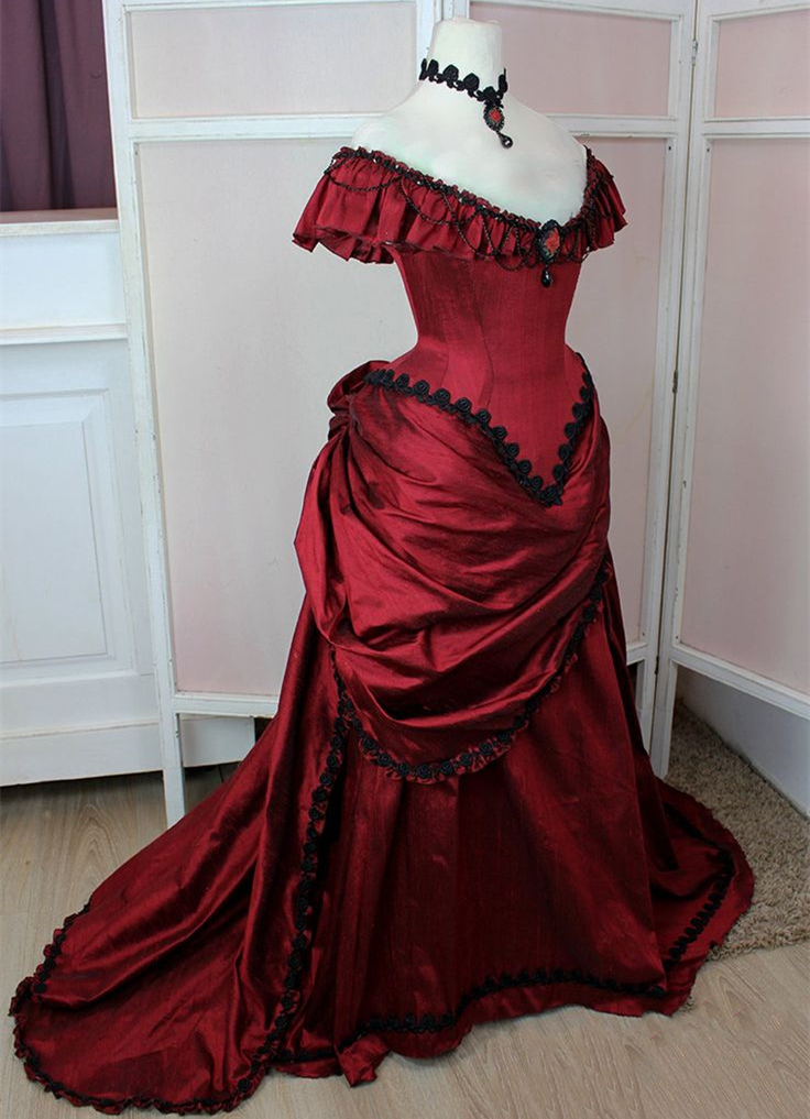 Ruched Victorian Bustle Prom Dresses Dark Red Off Shoulder Vintage Princess Evening Gown For Women 2024 Corset Halloween Masquerade Special Occasion W