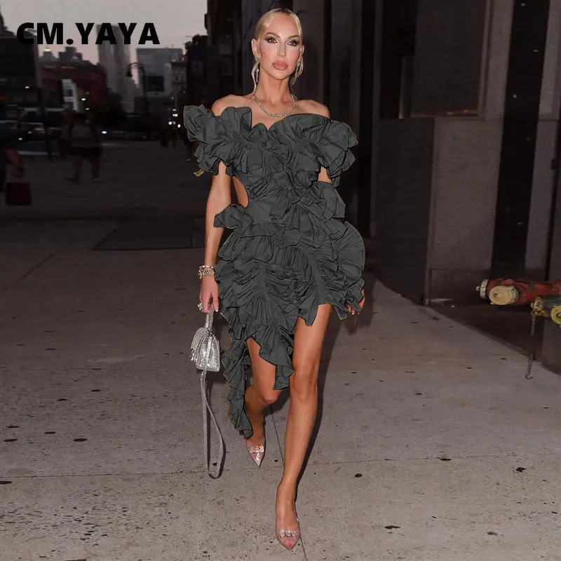 CM.YAYA Women Edible Tree Fungus Tierred High Low Asymmetrical Ball Gown Dress Sexy Club Party Evening High Street Dresses 240420