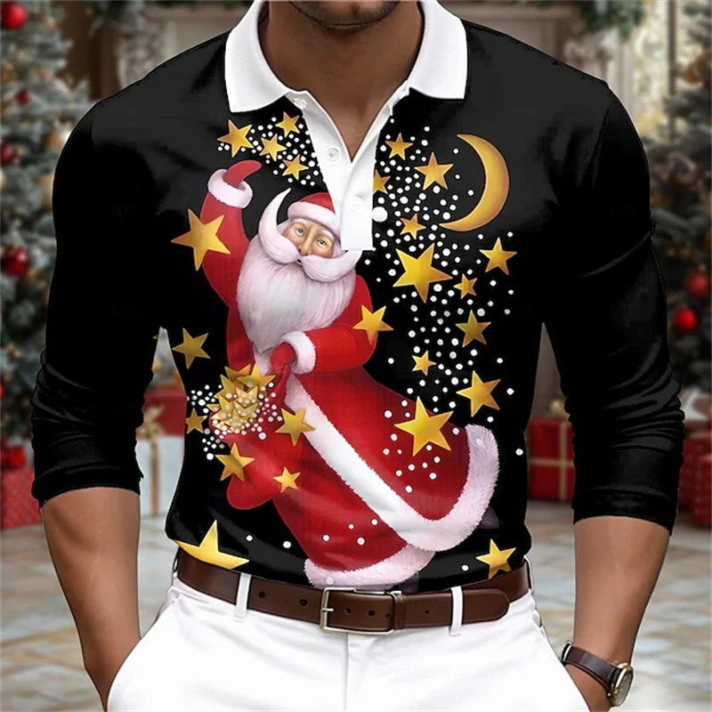 Santa Claus 3d Printed Mens Long Sleeve Polo Shirt Casual Mens Fashion Christmas Golf Shirt Autumn Holiday Party Men Clothing 241126