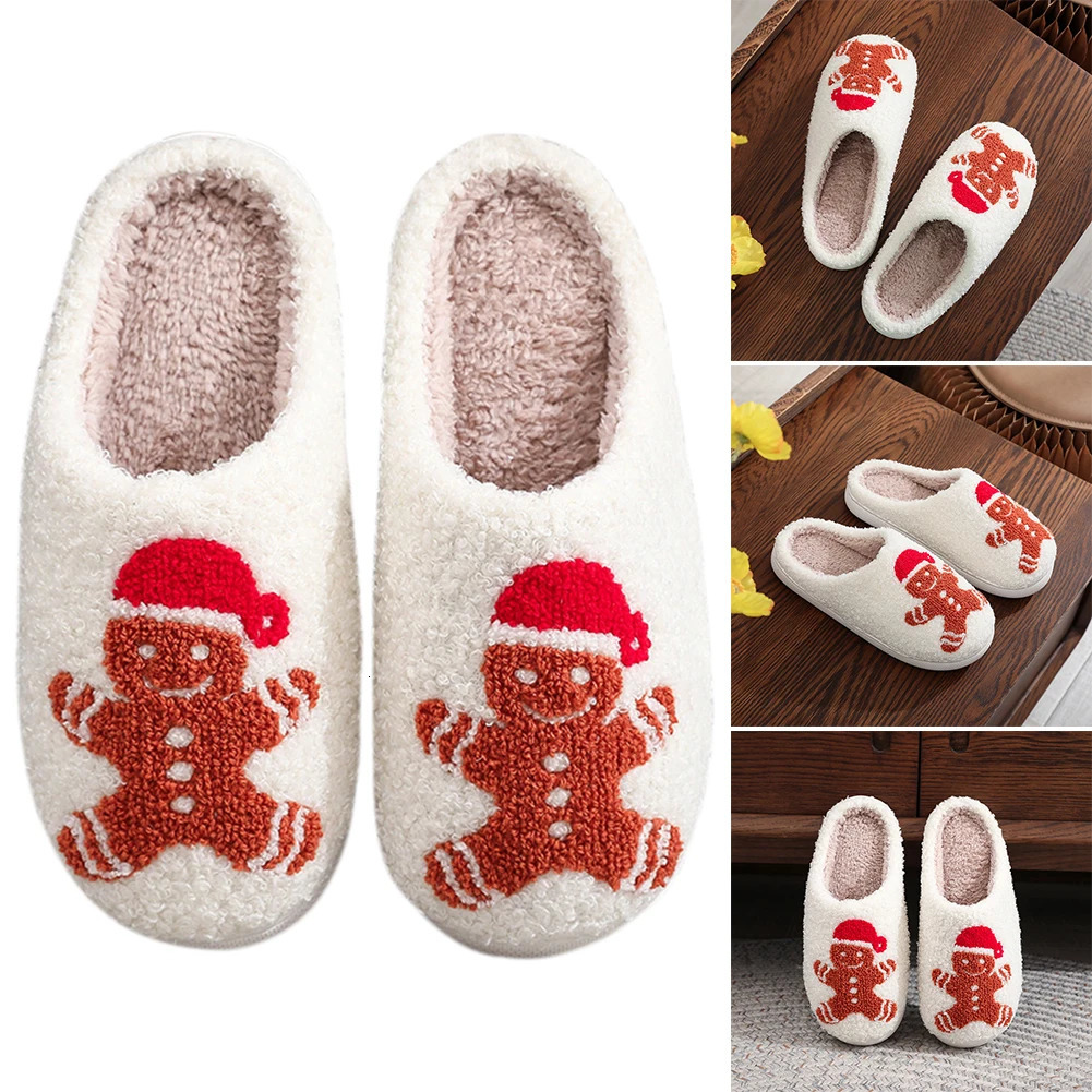 Christmas slippers womens home fluffy flip cover winter womens indoor cute deer gingerbread mens warm house plush shoes 241126