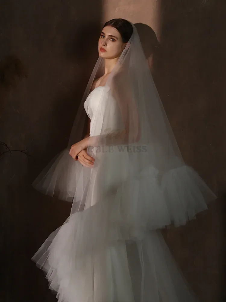 Double laye veil pleated chiffon bridal veil fluffy bridal veil with comb customized veil 241126