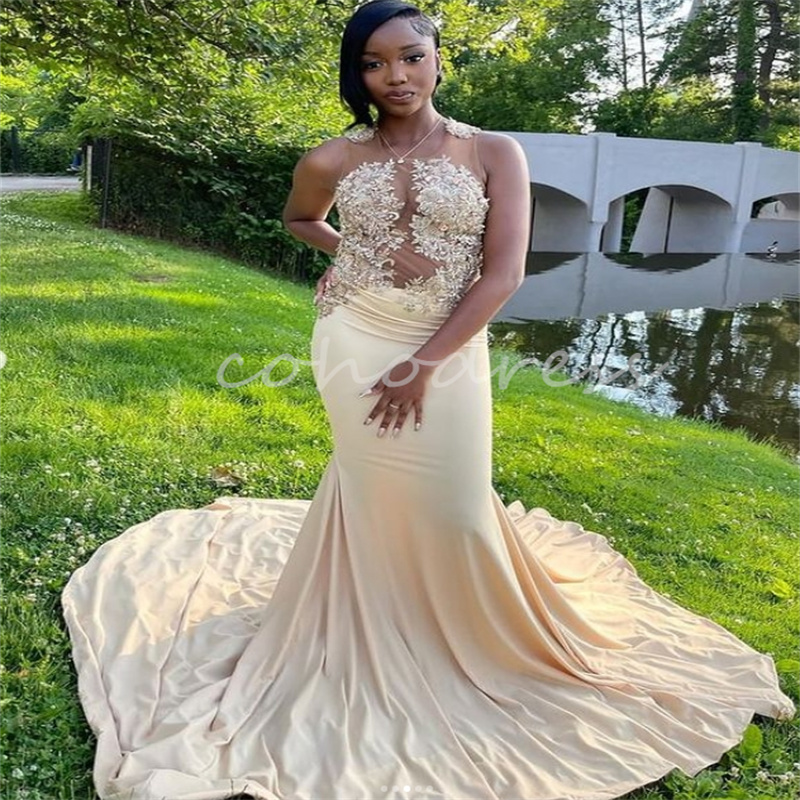 Black Girls Champagne Prom Dresses With Lace Elegant Sleeveless Mermaid Evening Gowns African Birthday Formal Party Robes De Soiree Vestio De Gala