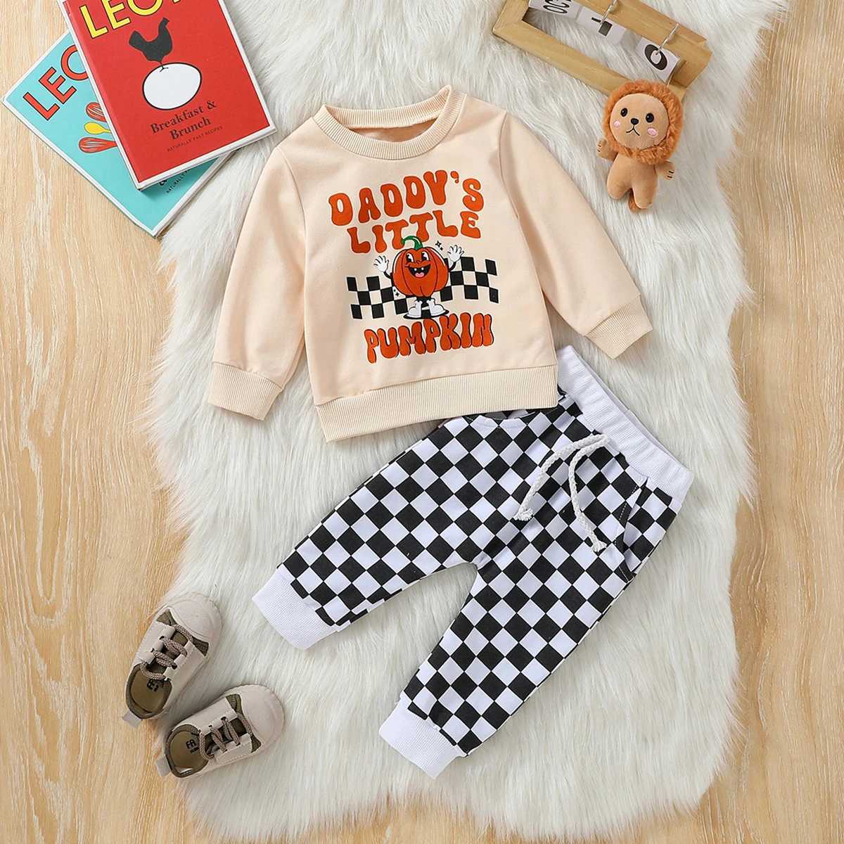 Clothing Sets 2Pcs 2024 new Style Baby Boys Long Sleeve Print Pumpkin Letter Sweatshirt+ Plaid Pant For Casual Set H241126