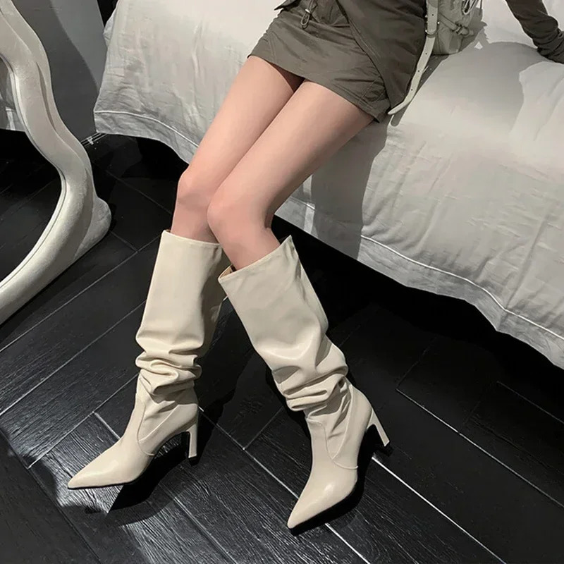 JOZHAMTA Size 34-43 Knee Boots For Women Real Leather Thick High Heels Winter Shoes Fall Fashion 2025 Ruched Wide Calf Long Boot 241114
