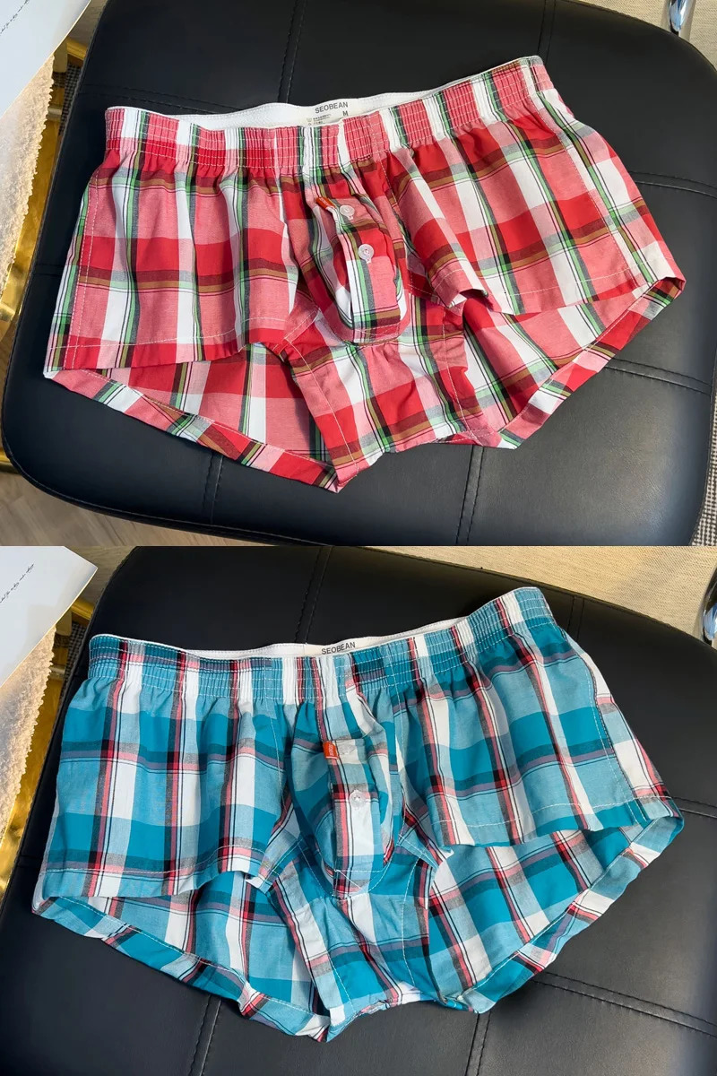 2 pieces/batch of summer mens loose underwear mens pure cotton breathable Aro pants casual trend plaid home boxing shorts 241126