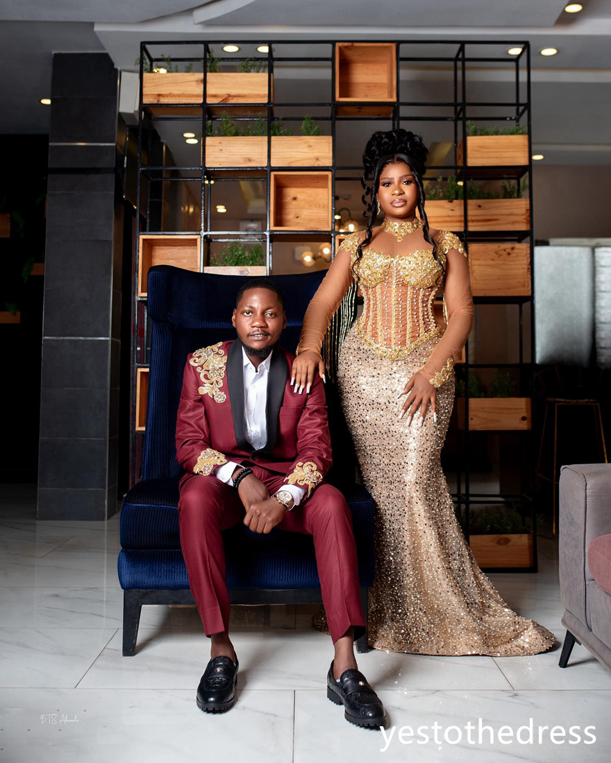 2024 Luxury Gold Prom Dresses for Black Women Promdress Illusion Sheer Neck Long Sleeves Beading Tassel Sequined Lace Birthday Dress Second Reception 