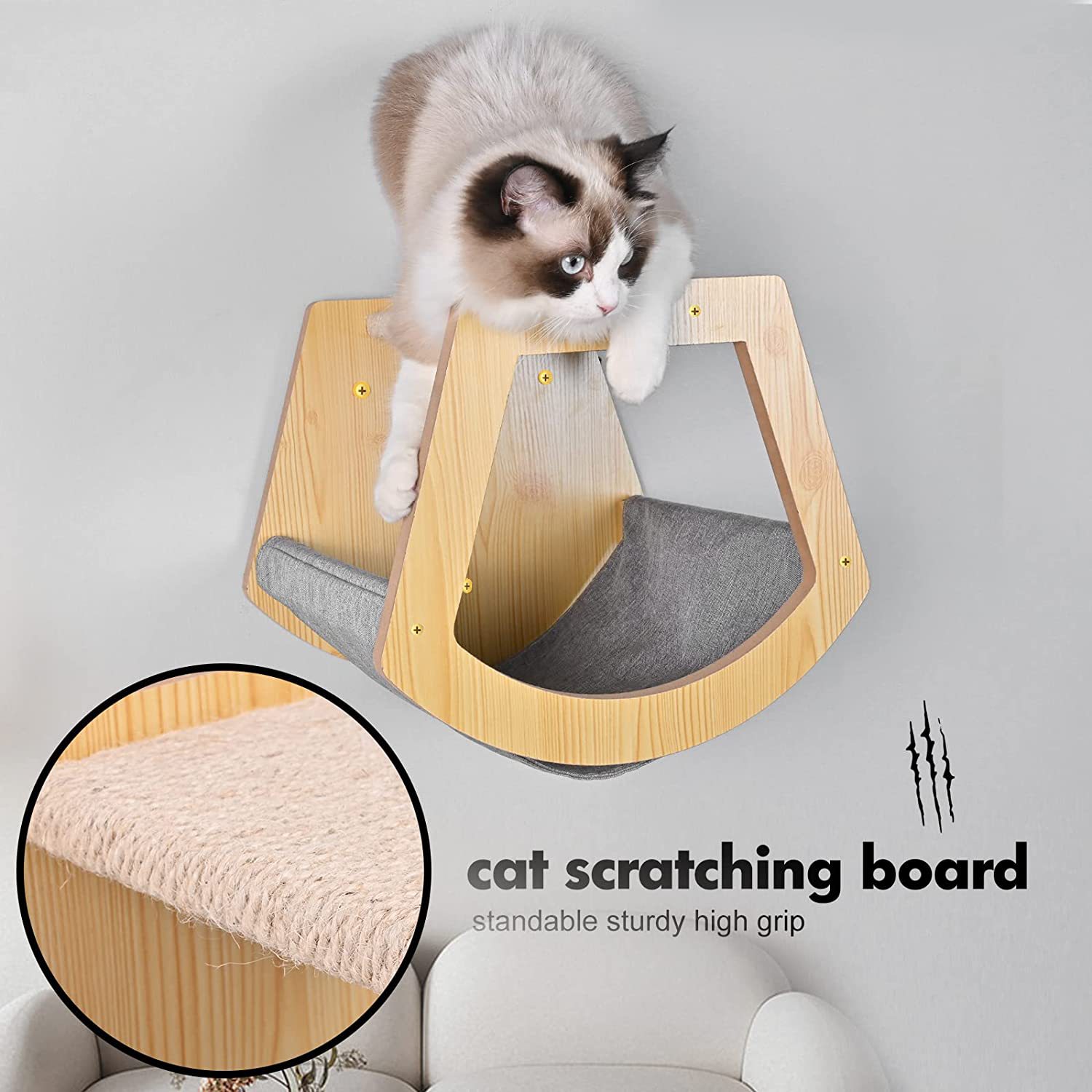 Wooden cat house A wall-mounted cat bed in a wooden habitat