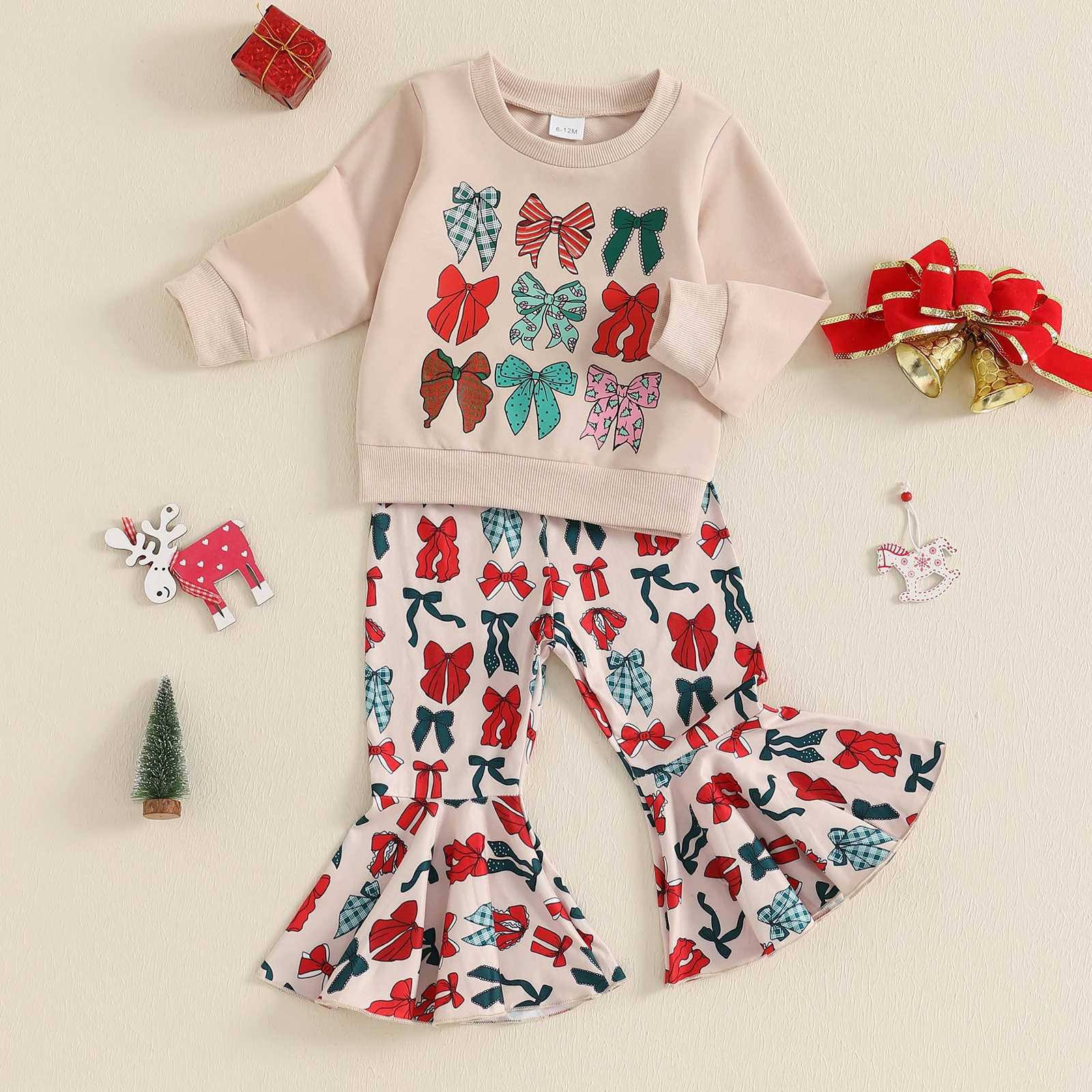 Clothing Sets 1-4Years Kids Baby Girl Christmas Outfits Fashion Autumn Bow Print Long Sleeve Sweatshirt with Flare Pants 2Pieces Toddlers Sets H241126