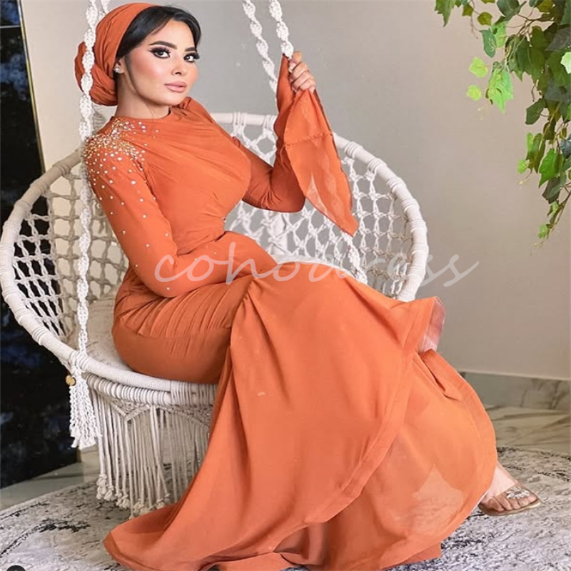 Gorgeous Orange Mermaid Evening Dress Caftan Moroccan Long Sleeve Prom Dress Beaded Plus Size Formal Engagement Party Arabic Vestidos De Fiesta Para M
