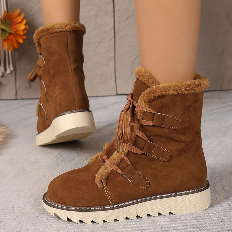 Winter Thicken Plush Ankle Boots Women Lace-Up Non-Slip Keep Warm Snow Boots Woman Faux Fur Flat Heel Warm Cotton-Padded Shoes 241114