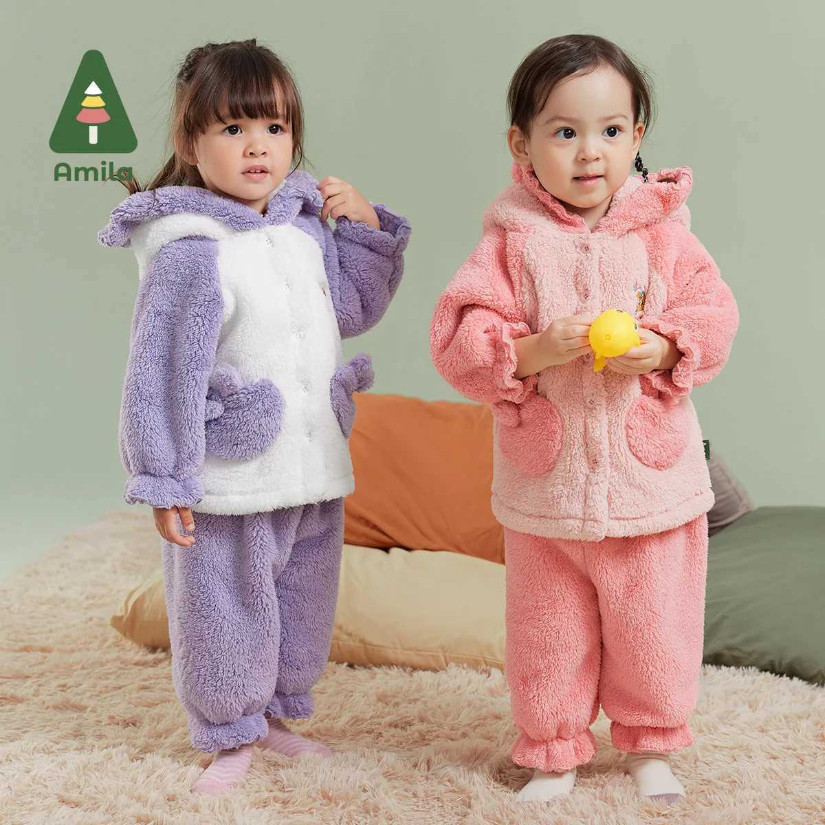 Clothing Sets Amila Baby Girl Loungewear Set 2024 Winter New Multicolour Hooded Soft Cute Warm Kids Sleepwear Sets Baby Clothing H241126